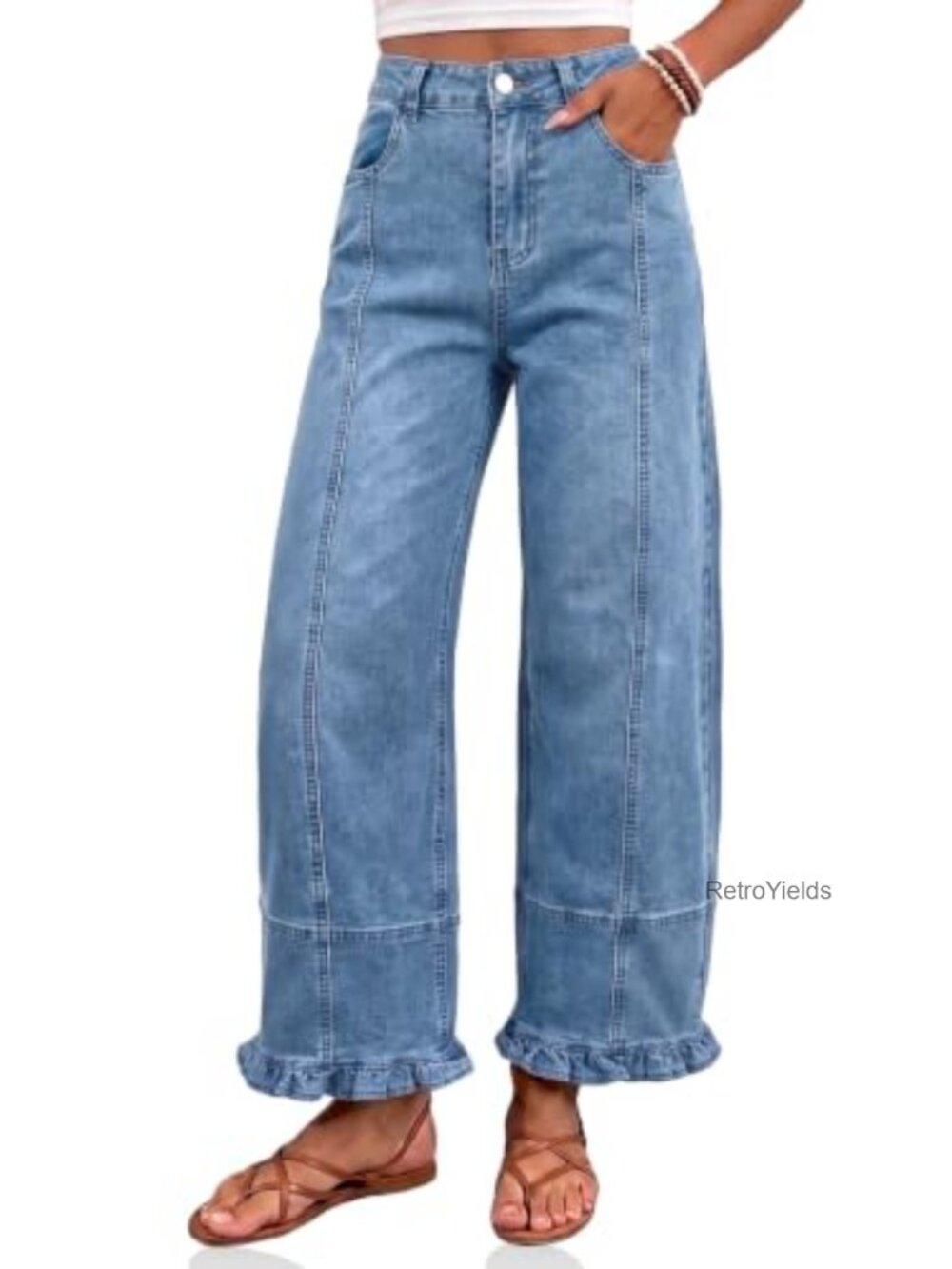 High Waisted Wide Leg Jeans Ruffle Hem Front Seam Denim Pants